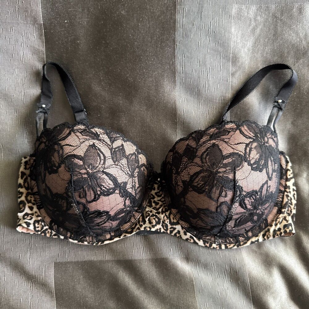 VICTORIA'S SECRET Leopard Print Black Lace Balconet Underwire Bra Size 38D
